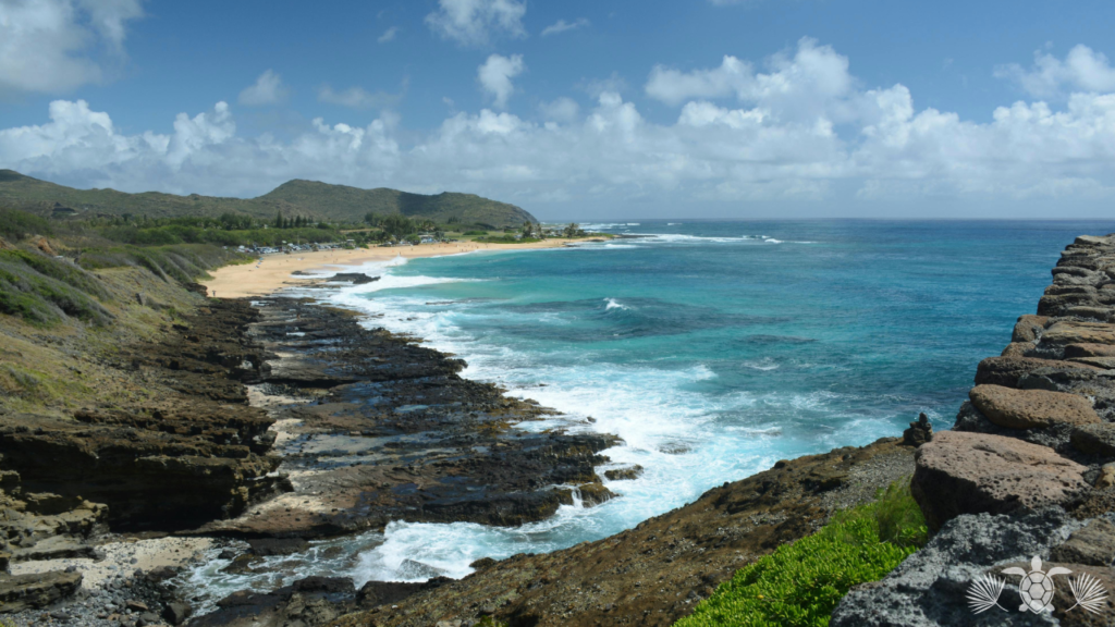Coastal cliff with rocky shoreline, turquoise ocean, and sandy beach under a blue sky.