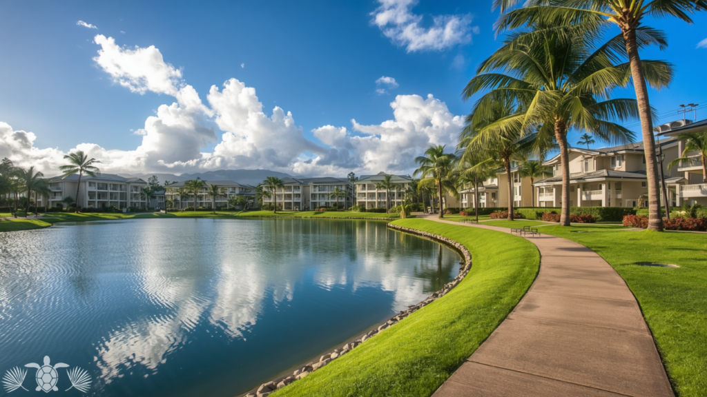 Waikoloa Beach Resort lagoon and palm-lined walkway West Big Island luxury homes 2026