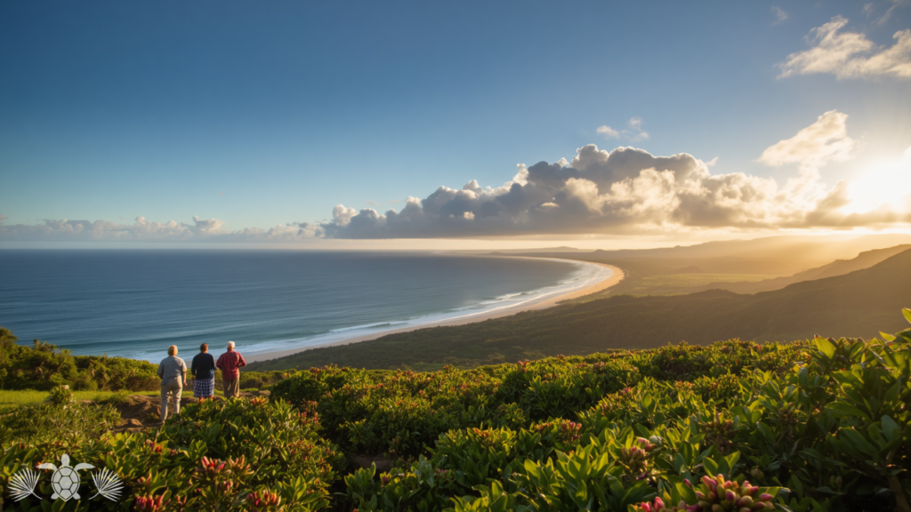 Three people stand on a grassy cliff overlooking a curving beach and calm ocean at sunset, with lush foreground plants and a bright sky.