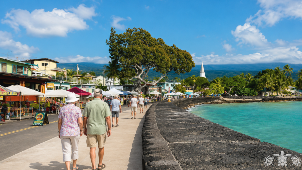 Kona Neighborhoods- Retiree couple walking along Alii Drive Kailua-Kona Hawaii popular retirement neighborhood 2026