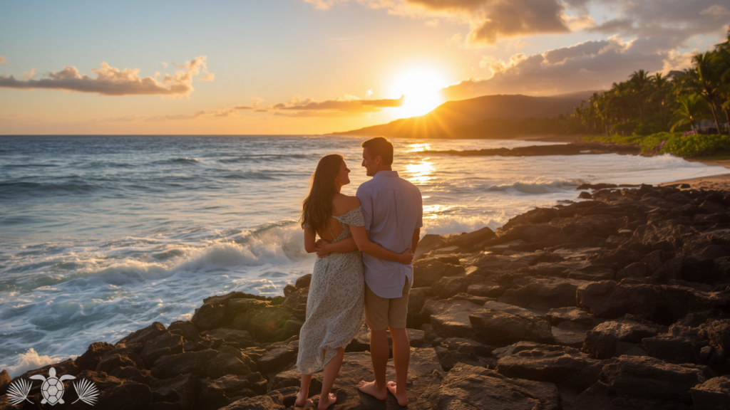 Mainland relocator couple standing on Kona Hawaii coastline after moving to the Big Island