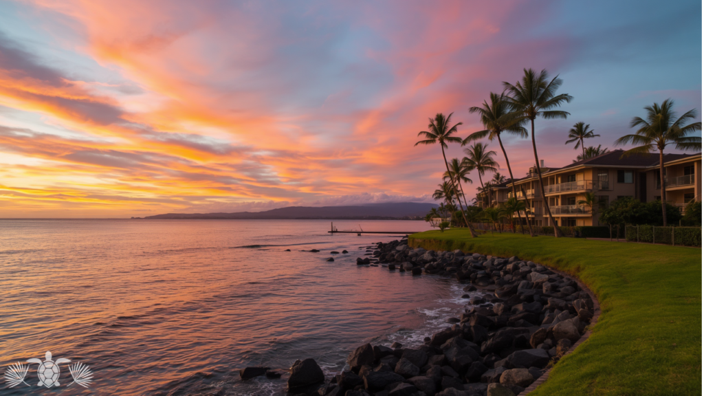 Alii Drive Kona Hawaii oceanfront condo community at sunset West Big Island real estate